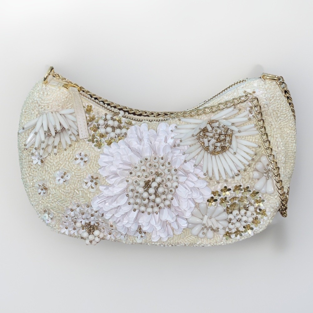 Mirasol Vintage-Inspired Ivory Beaded Floral Shoulder Bag Purse w/ Gold Chain